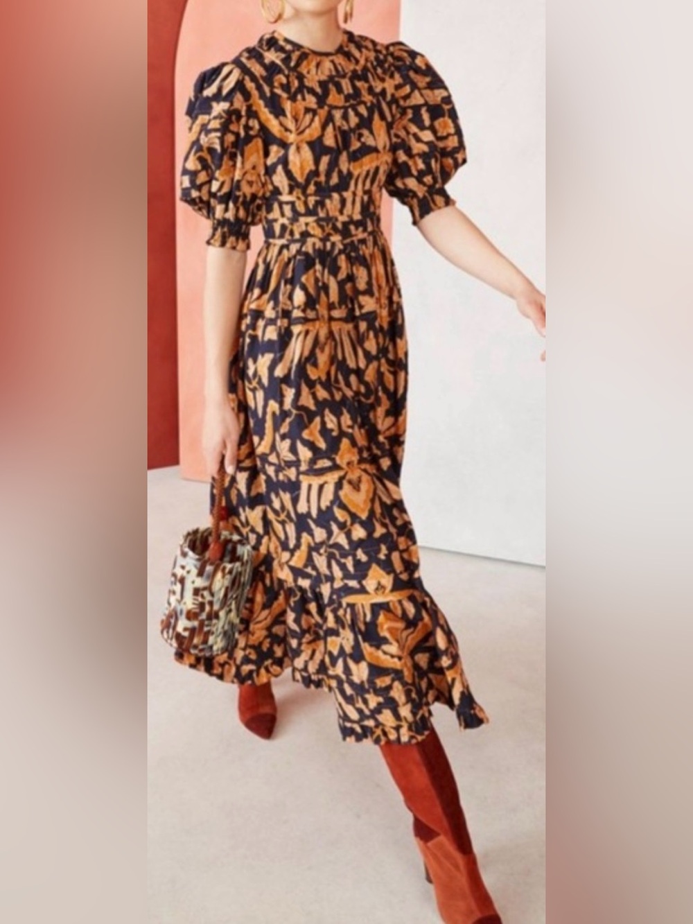 Ulla Johnson Printed Indah Puff Balloon Sleeve Maxi Dress Navy Size 0